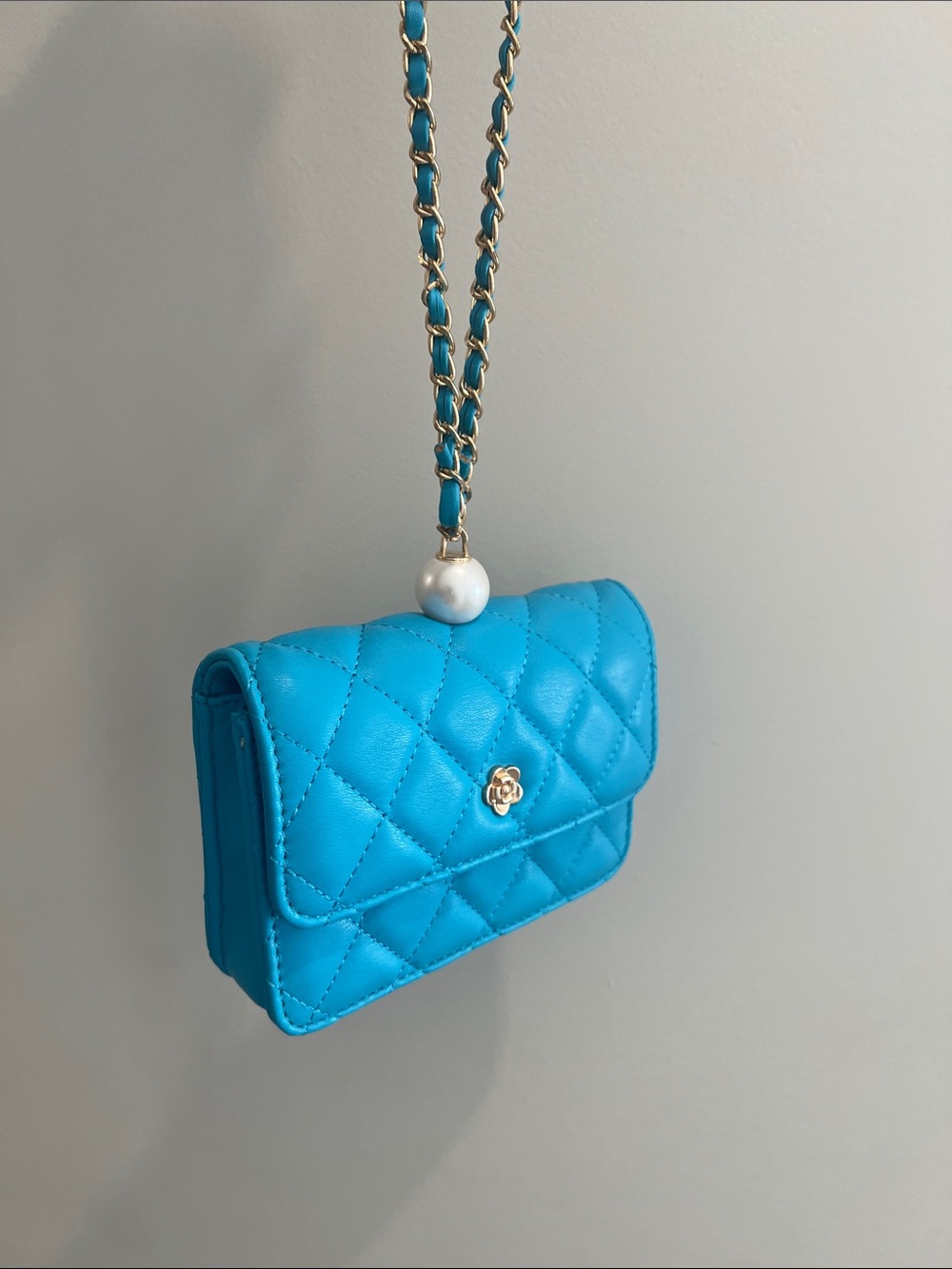 Quilted Turquoise /Blue Crossbody Bag with Pearl Accent